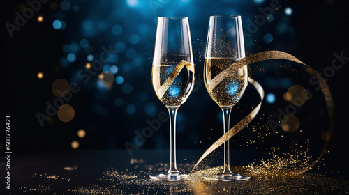 two glasses of champagne with elegantly curved divine gift ribbon as decoration with text area in front of a bokeh background