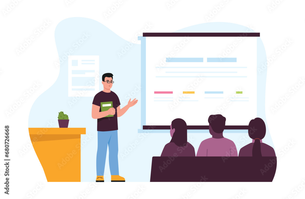 Vector illustration of scientific conference. Cartoon scene of a man holding a folder in his hand and speaking in front of an audience, showing a presentation on an interactive whiteboard .