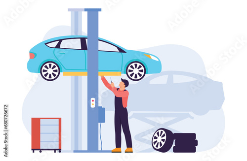 Vector illustration of car repair. Cartoon scene of a man holding a tool in his hand and repairing a raised car on a car lift, changing wheels, replacing car parts isolated on a white background.
