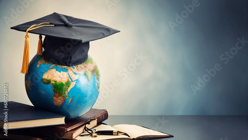 Graduation cap with Earth globe. Concept of global business study, abroad educational, Back to School photo