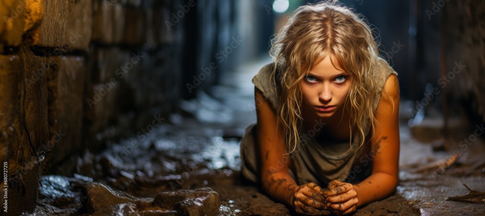 Young, blonde, blue-eyed girl lying dirty in a dark alley. Young, blonde, blue-eyed girl lying dirty in a dark alley.