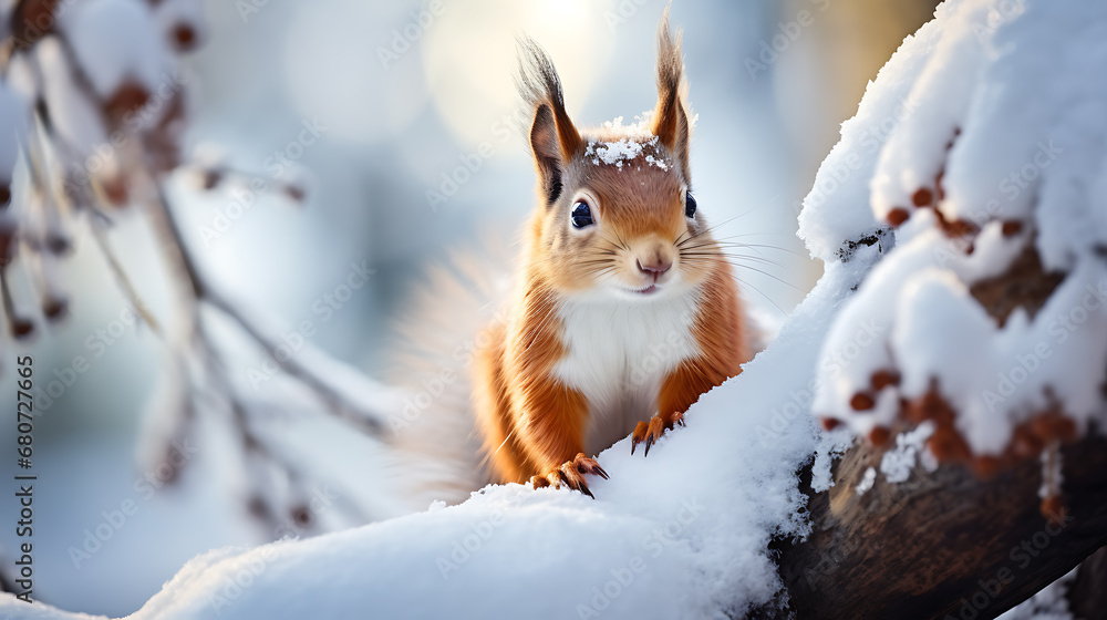 Squirrel in the winter with the snow Squirrel in the winter with the snow