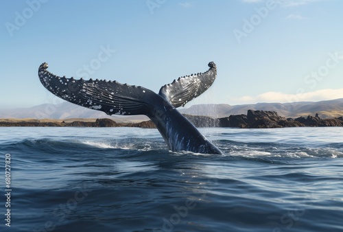 an elegantly shaped gray whale fin tail in the water, impressive panoramas, white and  photo