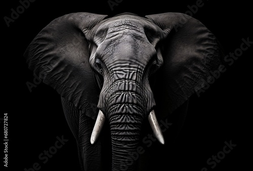 an elephant standing in a black background, stark black and white, hyper-detailed, distinctive noses © IgnacioJulian