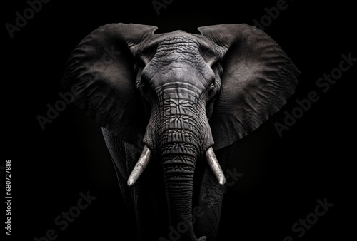 an elephant standing in a black background, stark black and white, hyper-detailed, distinctive noses photo