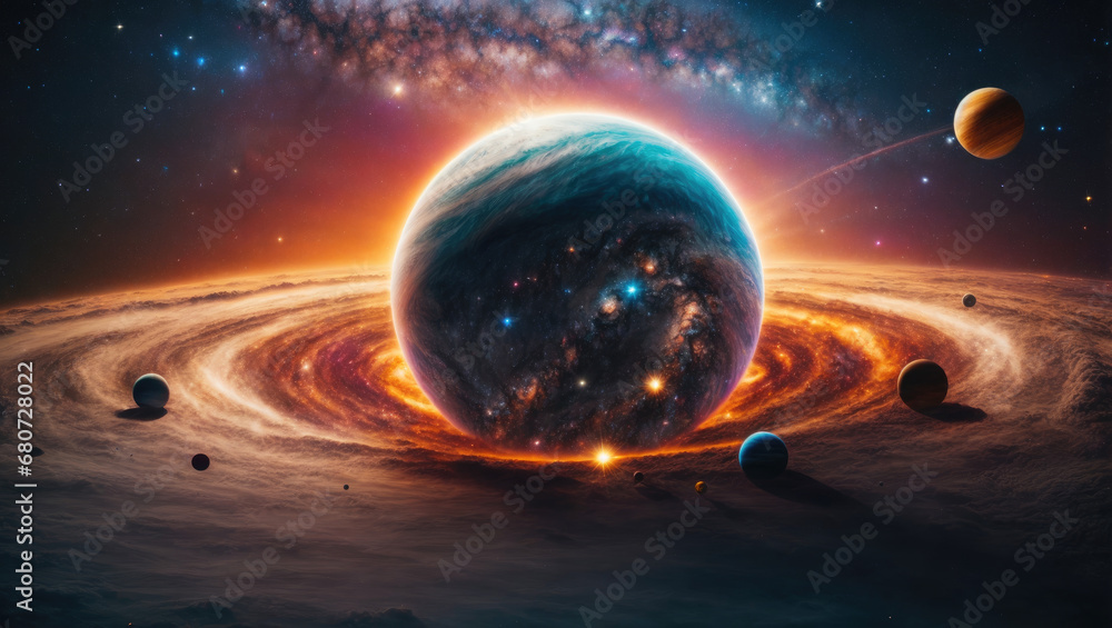 Space futuristic landscape with curved space and time. The universe, galaxies, planets, black hole and stars Space futuristic landscape with curved space and time. The universe, galaxies, planets, black hole and stars