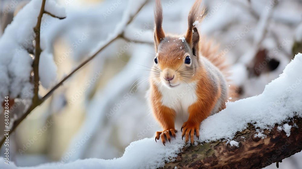 Squirrel in the winter with the snow Squirrel in the winter with the snow