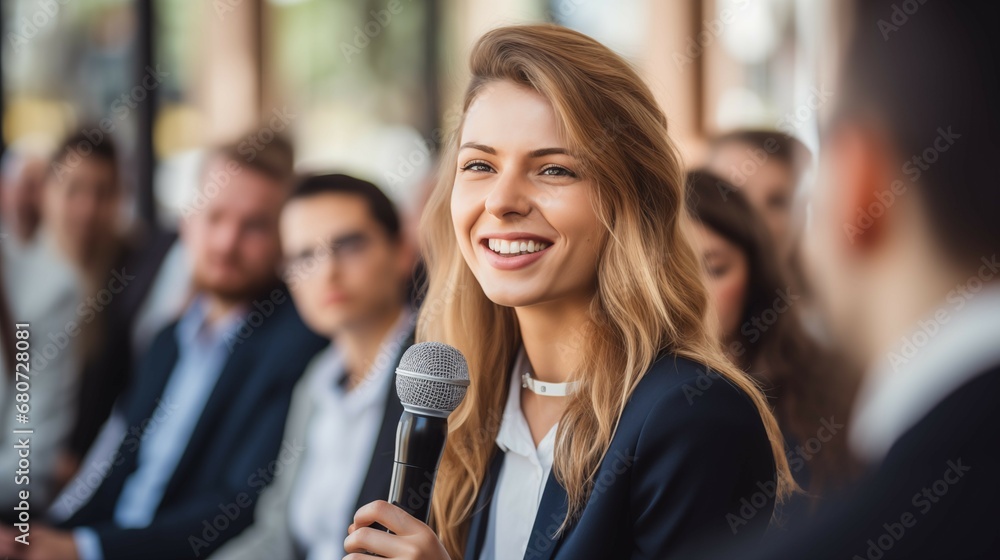 Beautiful smiling cheerful young female young woman or girl speaker at a business conference holding microphone Beautiful smiling cheerful young female young woman or girl speaker at a business conference holding microphone