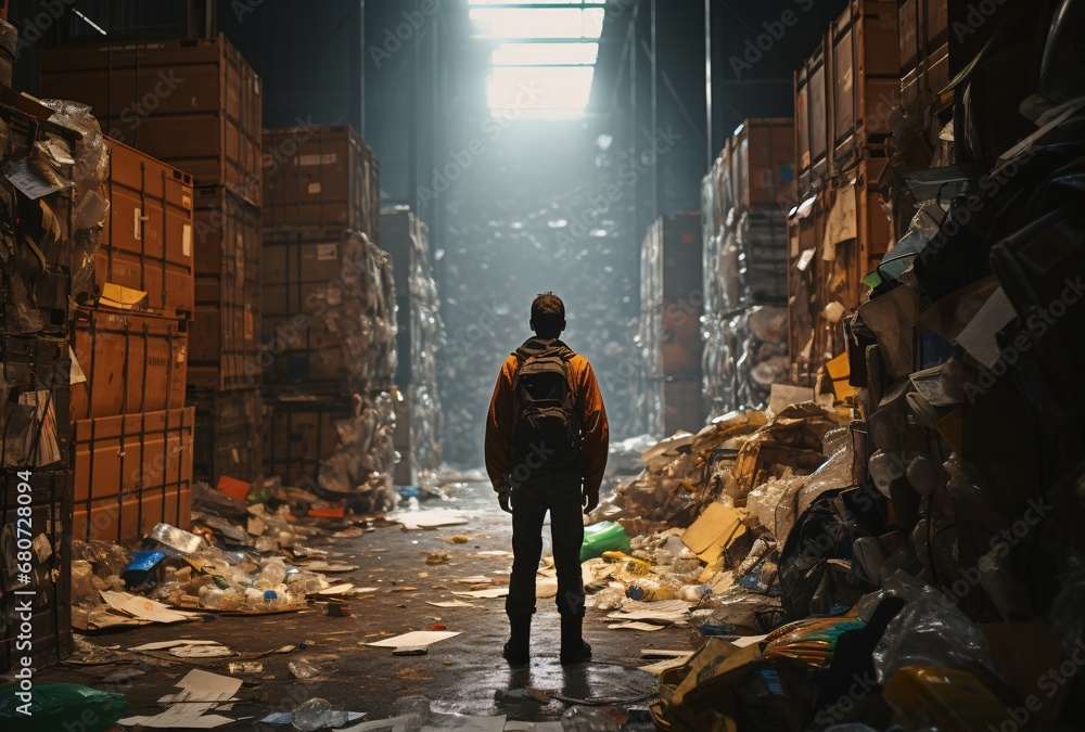 an employee stands in a dirty warehouse full of recyclable, urban landscapes, dark orange, hikecore an employee stands in a dirty warehouse full of recyclable, urban landscapes, dark orange, hikecore