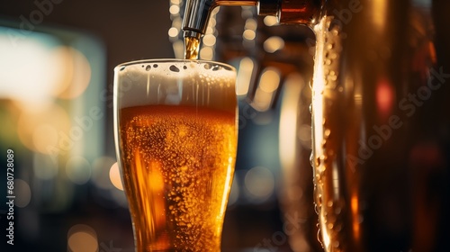 Close up daylight photo of glass with beer flowing from Kegerator and beer tap in a bar at golden hour for evening pub relax photo