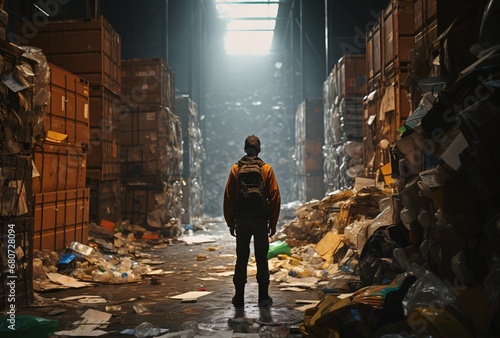 an employee stands in a dirty warehouse full of recyclable, urban landscapes, dark orange, hikecore photo