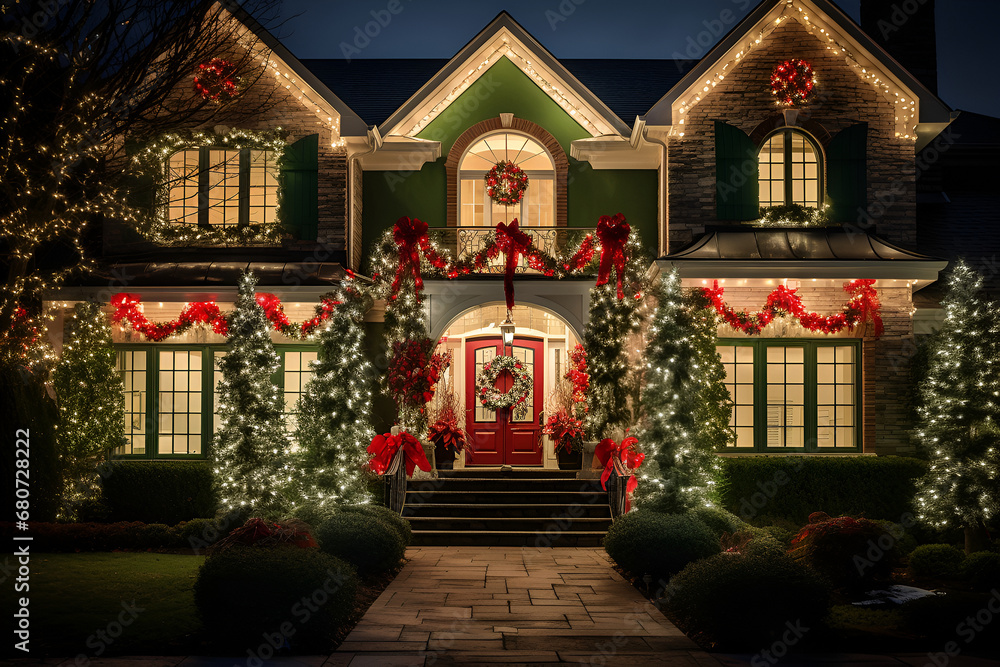 Grand home exterior with Christmas lights and wreaths, celebrating the warmth of the season