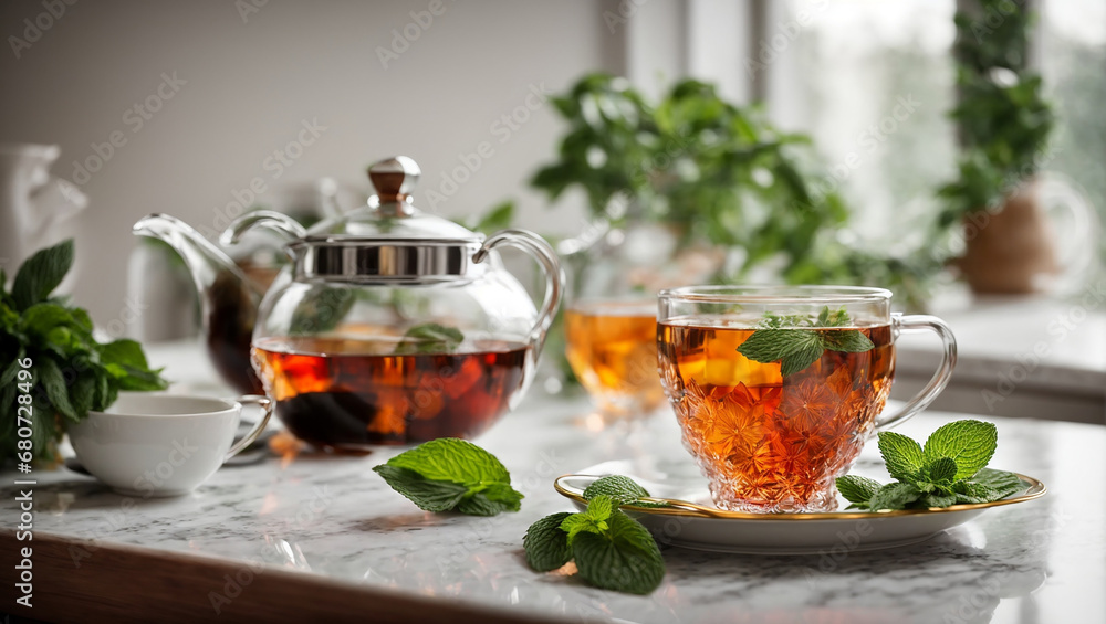 Cup with tea, mint leaves in the kitchen Cup with tea, mint leaves in the kitchen