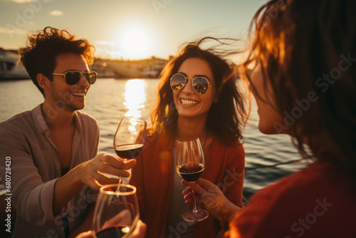 Happy friends clinking glasses of wine and sailing on yacht. Summer, vacation, travel, sea, holidays concept
