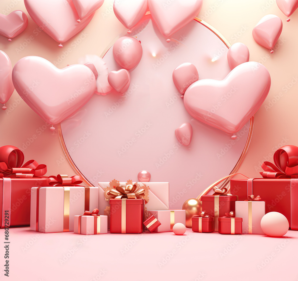 Red pink product podium wrapped love gift concept with decorative bow. A gift is a sign of love and affection for every woman for Valentine's Day and Women's Day.