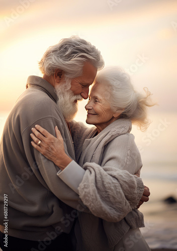 A couple of elderly people in love who have been warmed by love and care for years, a warm embrace on the shore and the wind on cold winter days.