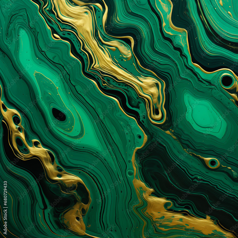 Fototapeta premium Malachite green marble background with gold foil waves. Abstract texture created with Generative Ai technology