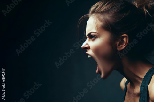 An angry woman with an open mouth on a dark background. ai generative photo