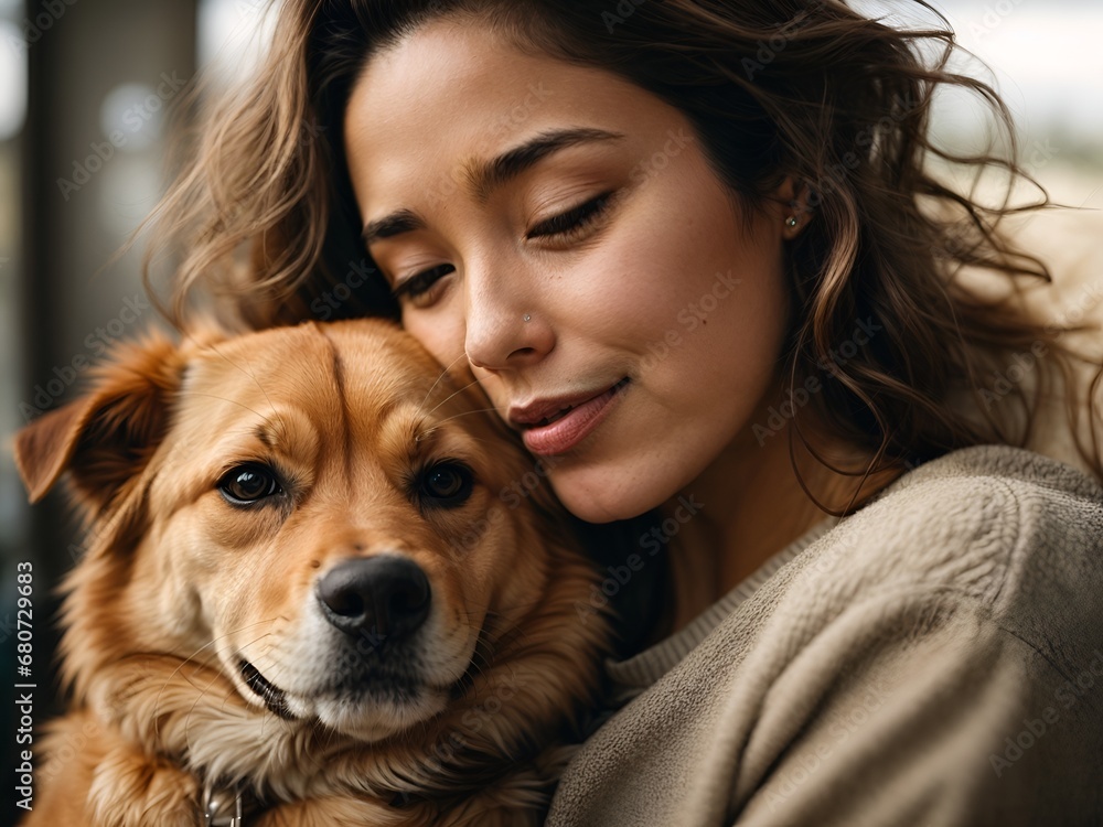 Young woman in a loving embrace with her dog, exemplifying the companionship of a pet-friendly lifestyle as the dog returns her affection with a lick. 