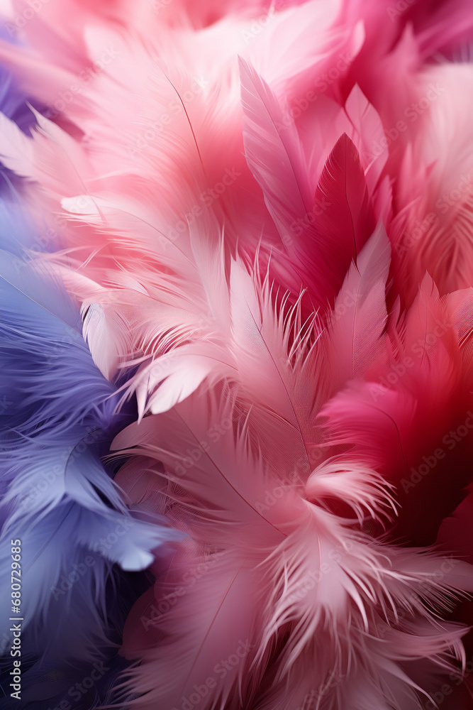 Obraz premium Airy soft fluffy feather close-up of macro of blue and pink pastel shades on white background with soft focus