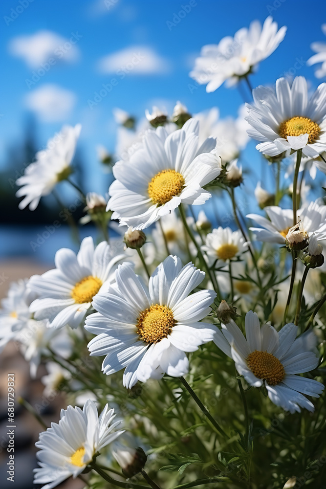 Fototapeta premium Beautiful spring summer natural floral background with daisy flowers in front of bright blue sky with white clouds on nature