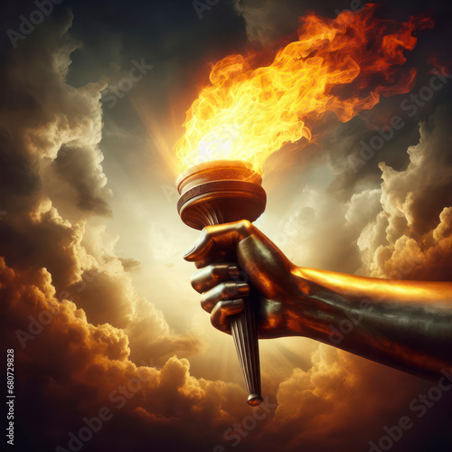 Glorious hand holds flaming torch against cloudy sky. ai generative