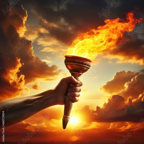 Glorious hand holds flaming torch against cloudy sky. ai generative