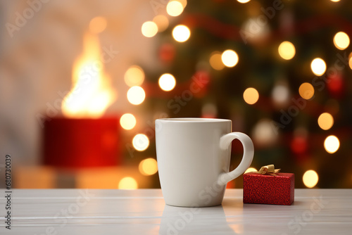 A close up White Coffee Mug in the center of the shot with a Christmas tree, fire place and presents in the background