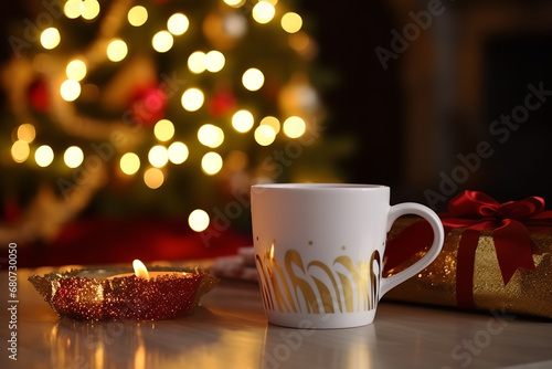 A close up White Coffee Mug in the center of the shot with a Christmas tree  fire place and presents in the background