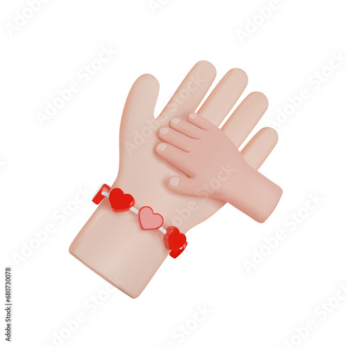 International Volunteer Day. Take care of children. Volunteer hand holding a child hand. 3D vector render illustration