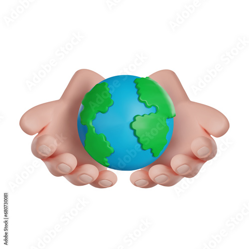 International Volunteer Day. Volunteer hands hold The Earth. 3D vector render icon