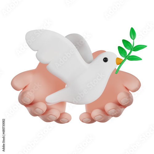 International Day of Living Together in Peace. Volunteer hands holding a Dove of Peace. 3D vector render illustration