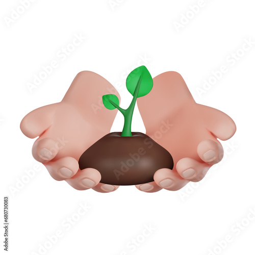 World Environment Day. Volunteer holds the soil with the plant. 3D render vector icon