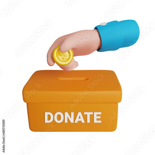 International Volunteer Day. Hand putting coin in donate box. Financial support. 3D render vector illustration