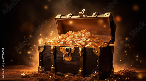Half Open the glowing ancient treasure chest golds inside photo