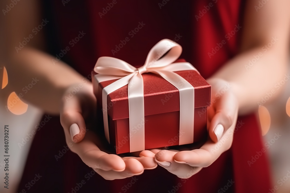 Photo of female hand with red manicure, opening gift box, closeup on nails, low aperture, blurred background