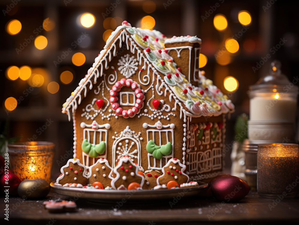 beautiful gingerbread house and christmas tree, in the background gold bokeh beautiful gingerbread house and christmas tree, in the background gold bokeh