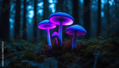 Mushroom glowing in a dark forest. Neon Mushrooms. Bioluminscence - Natural Beauty.