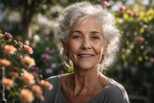 Portrait of a happy old woman with gray hair in a garden with flowers. ai generative