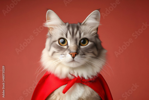 Portrait of superhero cat wearing red cape on solid color background. ai generative