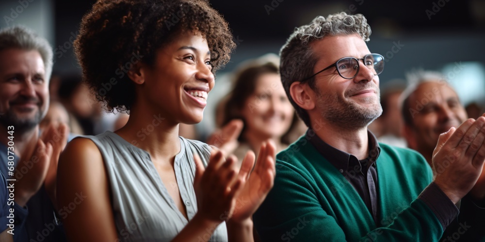 Fototapeta premium a black woman and a white man applauding at a conference joyful celebration of nature figurative portraits selective focus