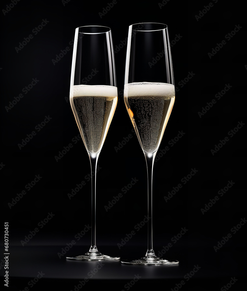 Two champagne glasses shown over a black background