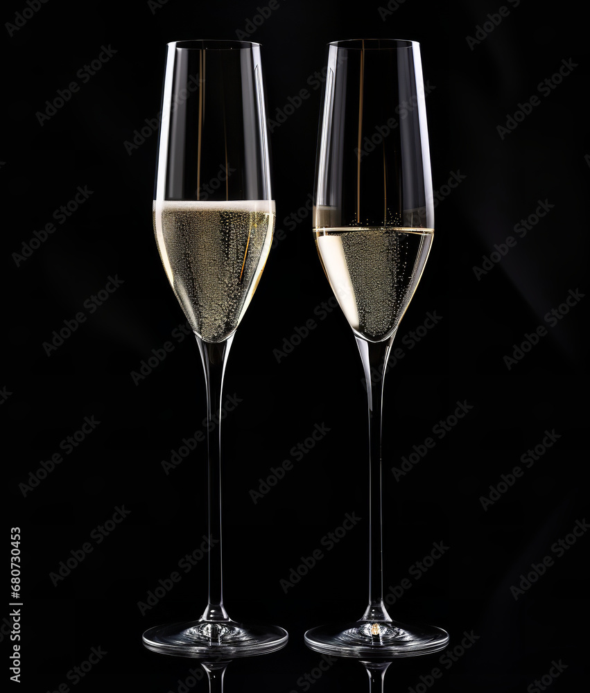 Two champagne glasses shown over a black background Two champagne glasses shown over a black background