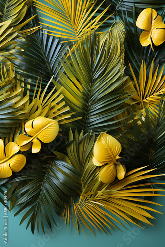 Tropical palm background. Creative layout made of green tropical leaves on blue and yellow background