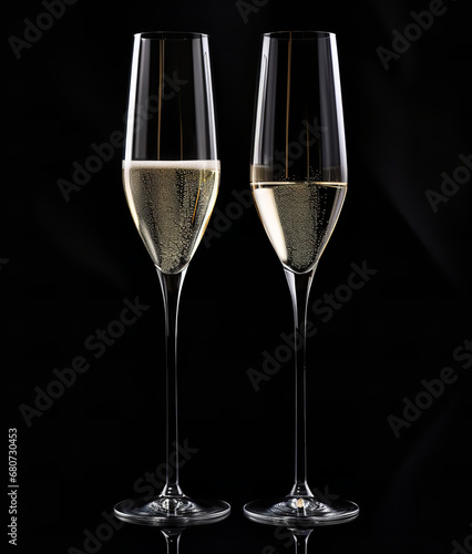 Two champagne glasses shown over a black background