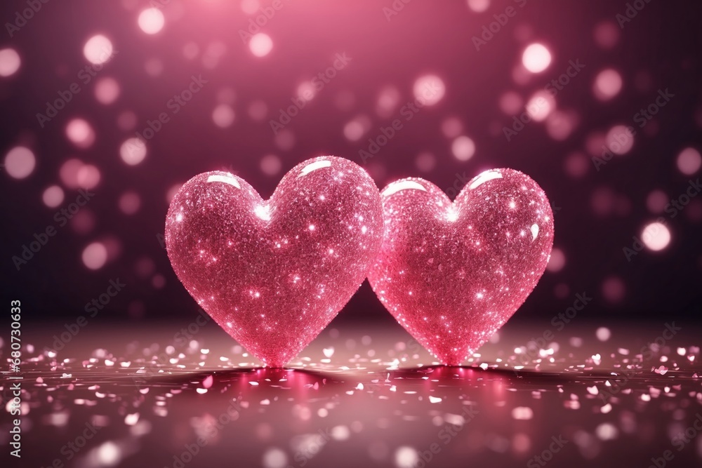Two pink hearts with nice glittery texture details on empty background for Valentine day. ai generative