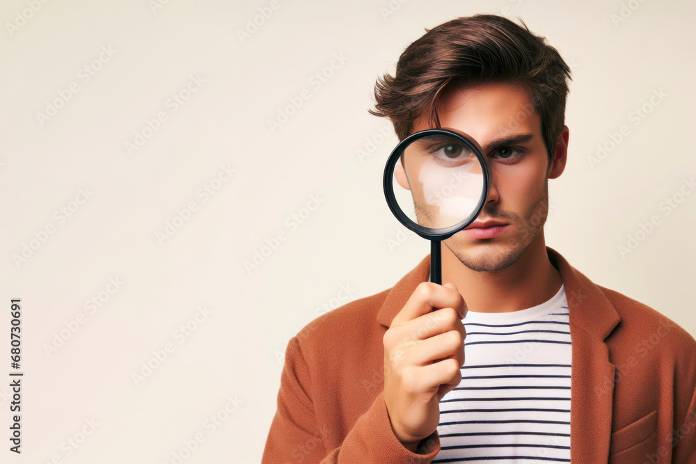 Young man looking through a magnifying glass on a solid colored background. ai generative Young man looking through a magnifying glass on a solid colored background. ai generative