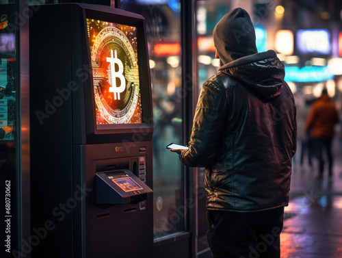 A young man withdraws his bitcoins from the ATM photo