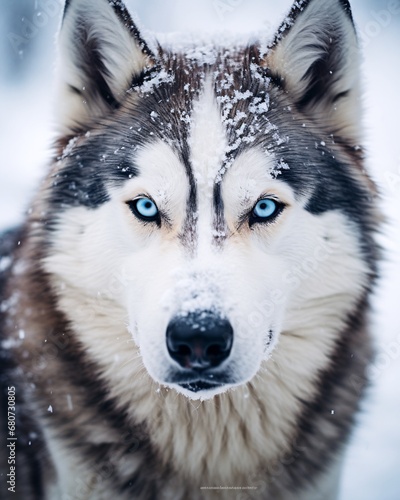 blue eyes husky dog close up photo  light azur and snow