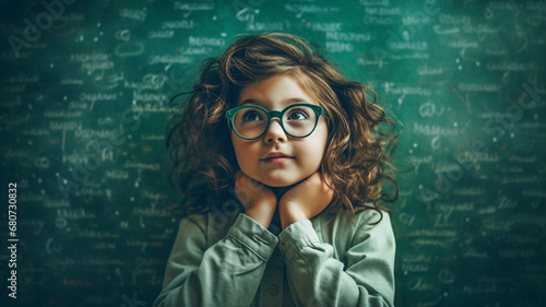 cute little girl with eyeglasses at blackboard.